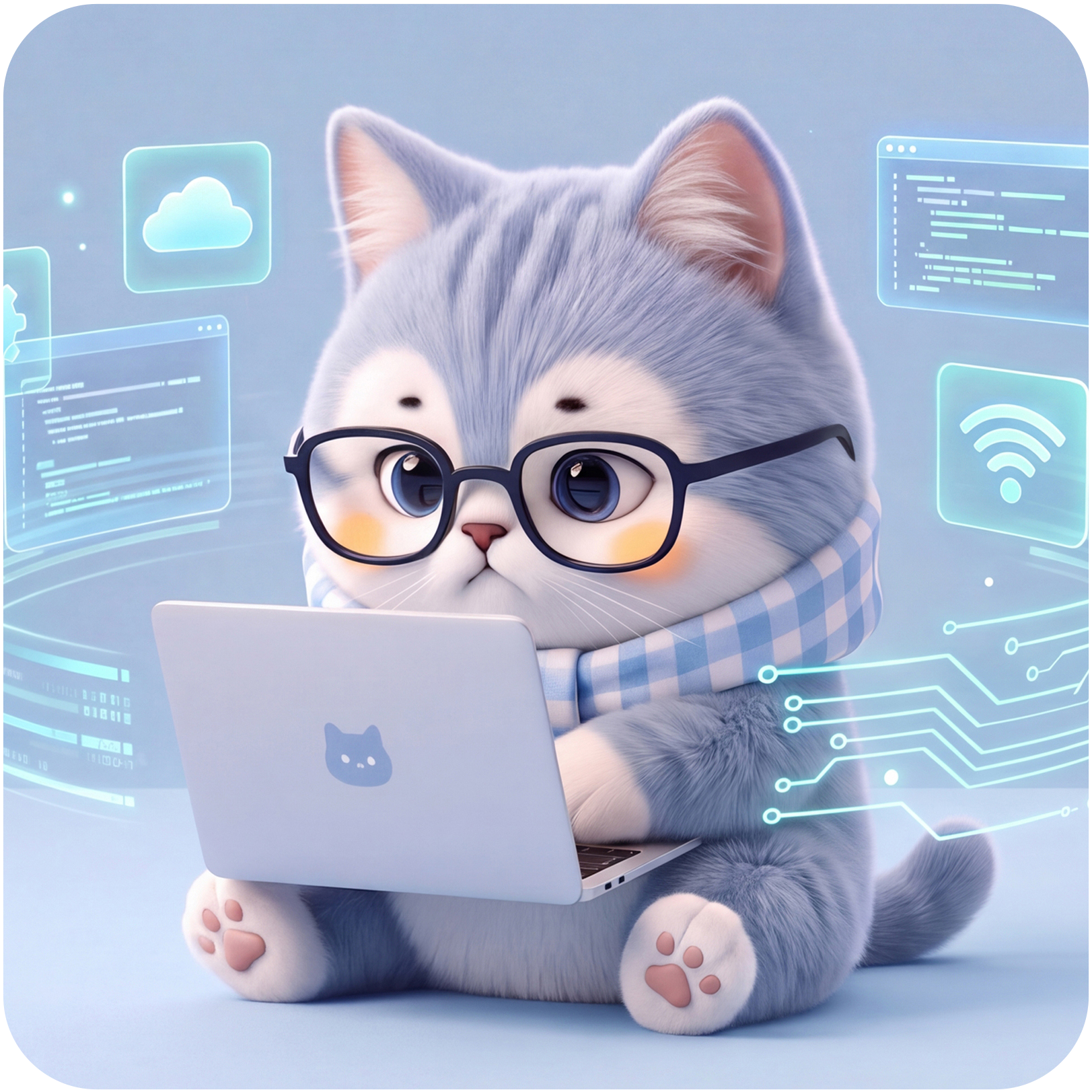 戴眼镜、使用笔记本电脑的委屈猫